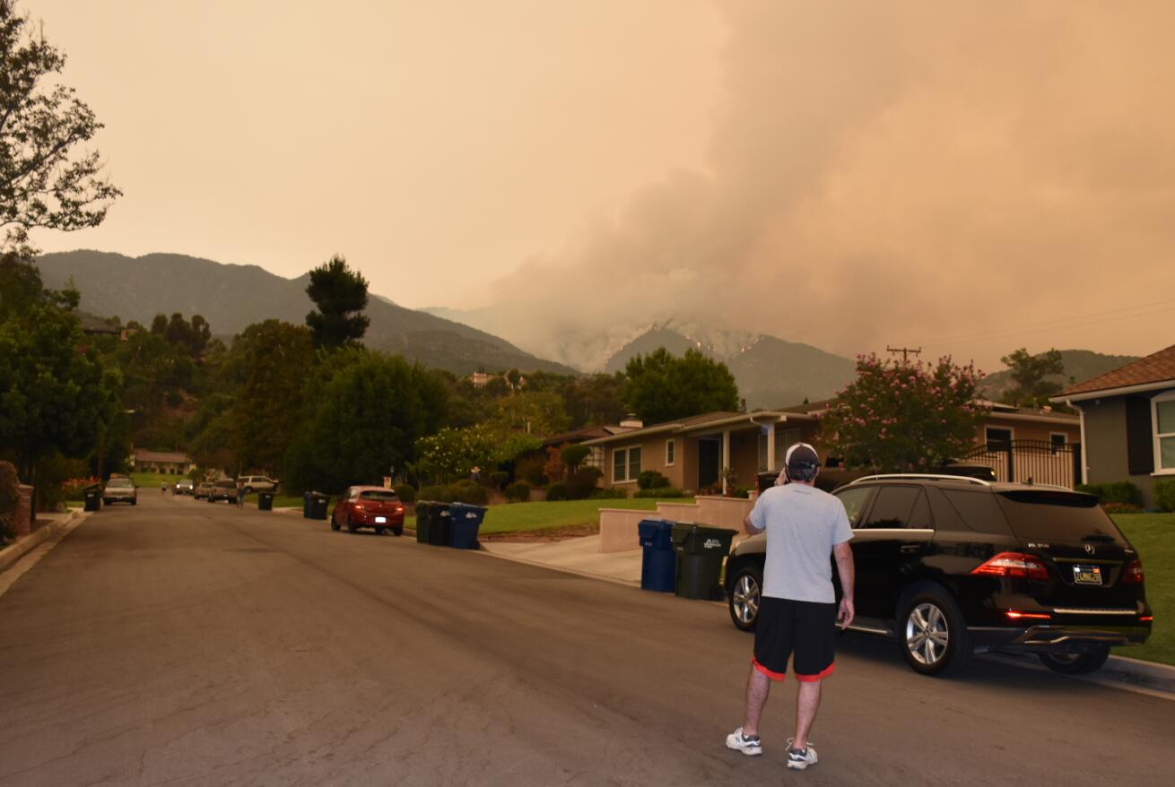 9月10日，在美國洛杉磯縣蒙羅維亞，一名男子望向安傑利斯國家森林公園燃燒的山火。（新華社記者 高山 攝）